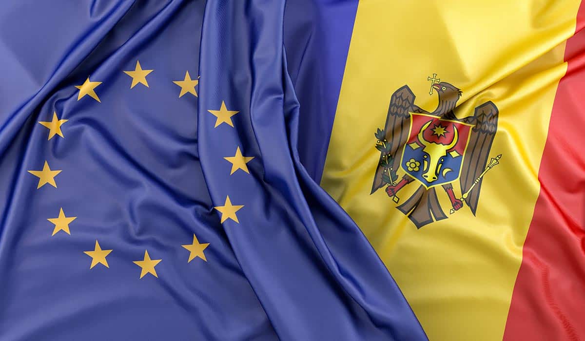 Ruffled Flags of European Union and Moldova. 3D Rendering