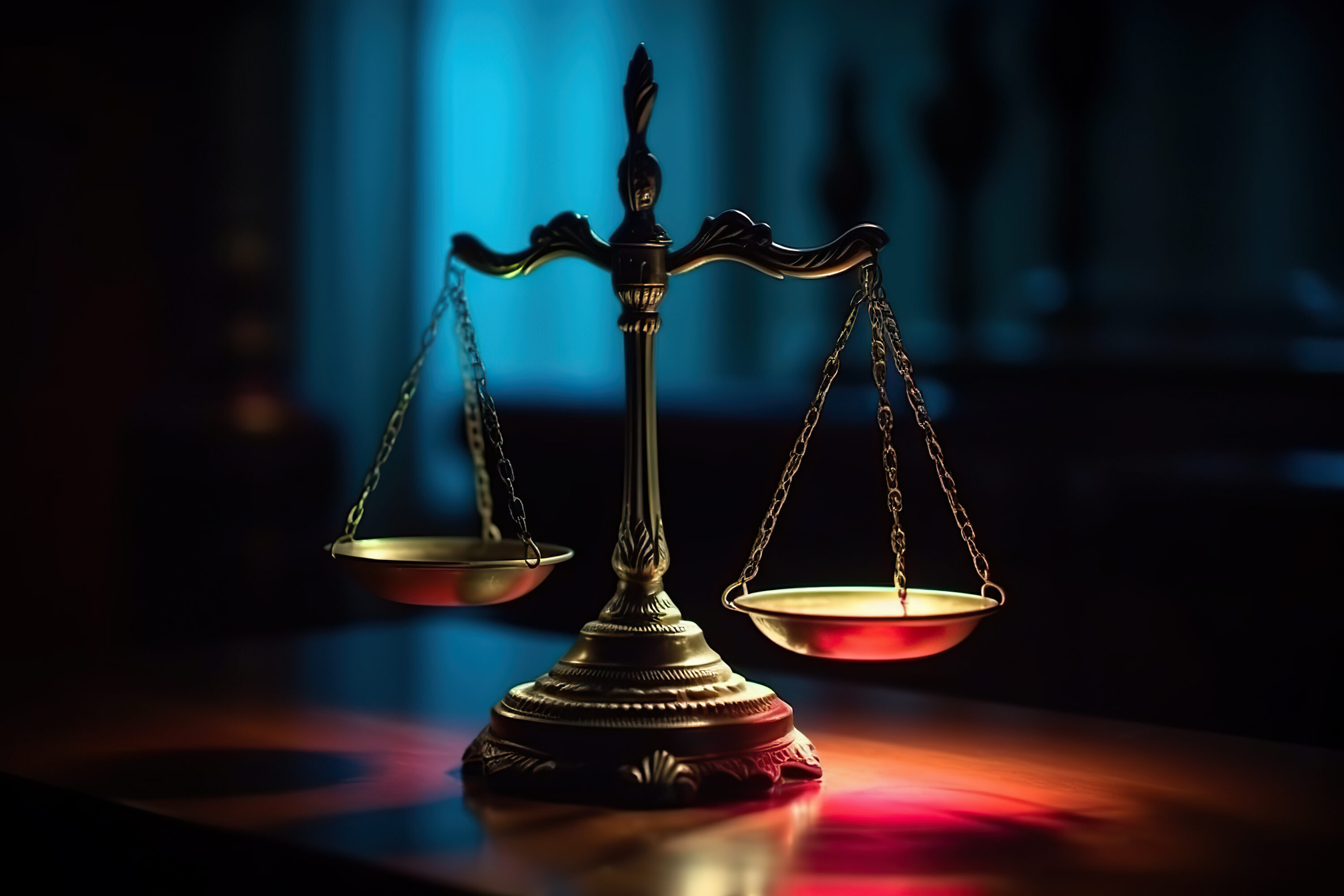 A golden balance scale sitting on top of a wooden table. Justice concept